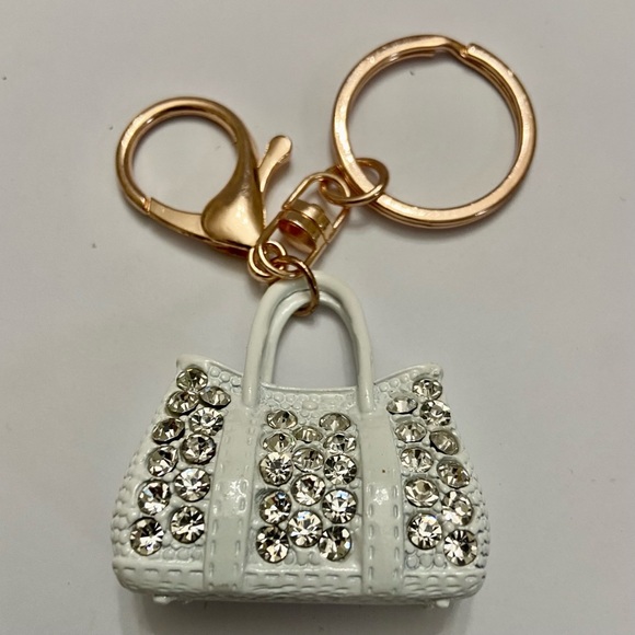 2-Way, White Enamel-Clear Rhinestone Handbag Charm- Key Chain - Picture 7 of 8